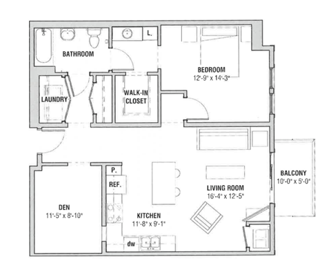 Floor plan for 1 bed, 1.3 baths, 886 sqft
